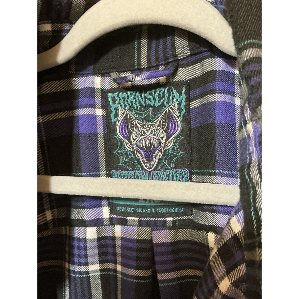 Born Scum "Bottom Feeder" Purple Black Plaid Flannel Shirt Mens 2XL Heavyweight - Picture 3 of 5